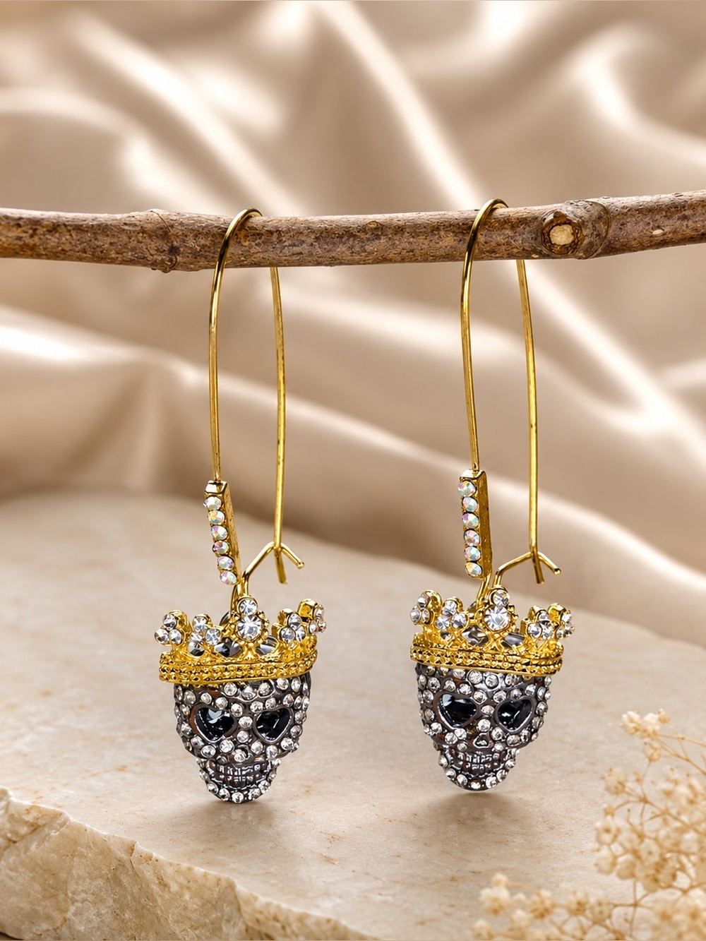 Gold Gothic Crown Skull Drop Earrings with Crystal Accents - Halloween themed